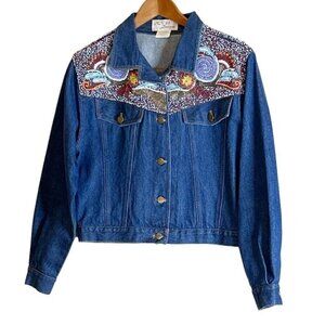 KK 88 Designs Vintage Hand Beaded Blue Denim Jacket 80s 90s Western Size Small